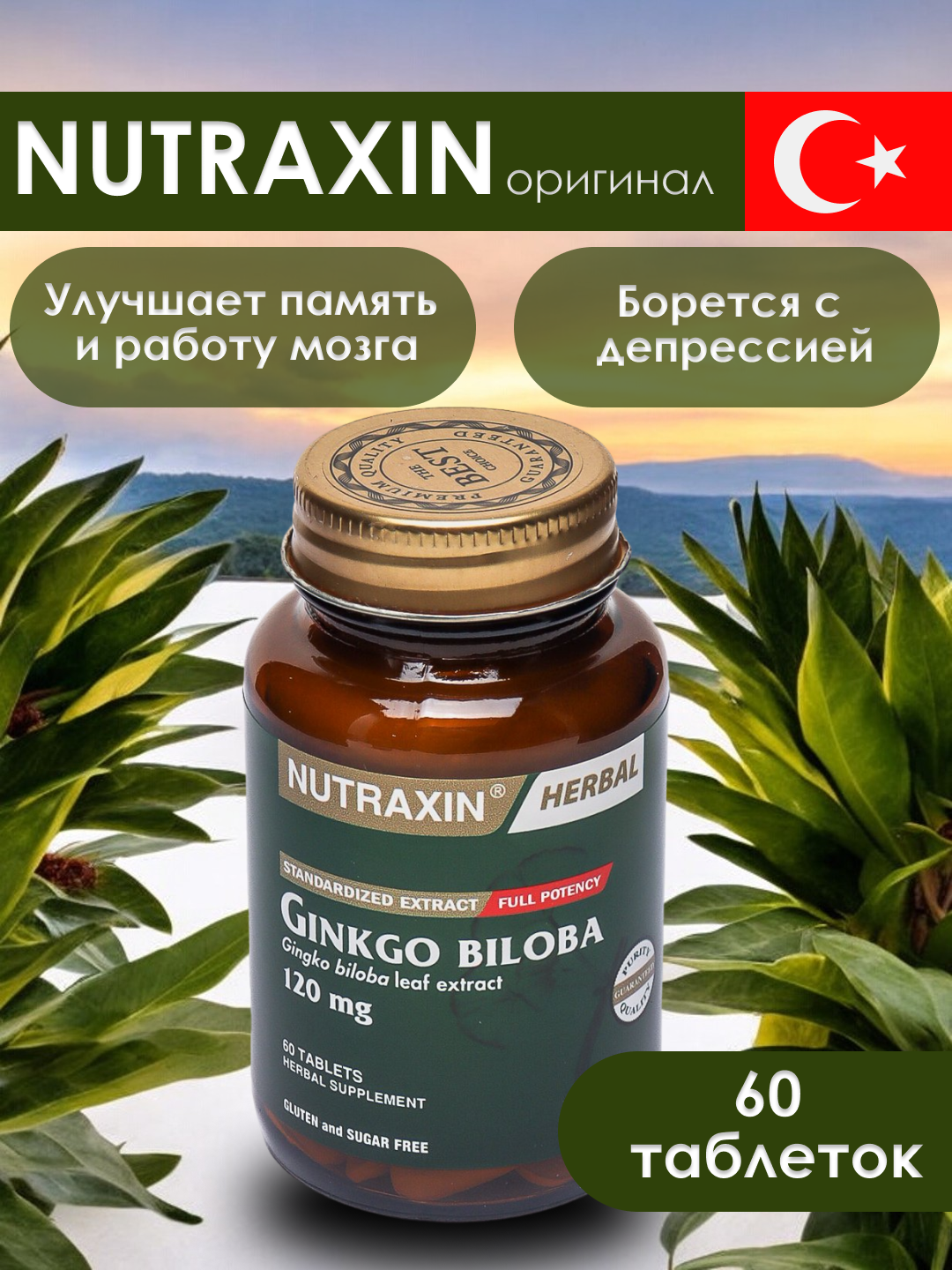 Nutraxin Ginkgo Biloba 120 мг, улучшает память и работу мозга, борется с депрессией