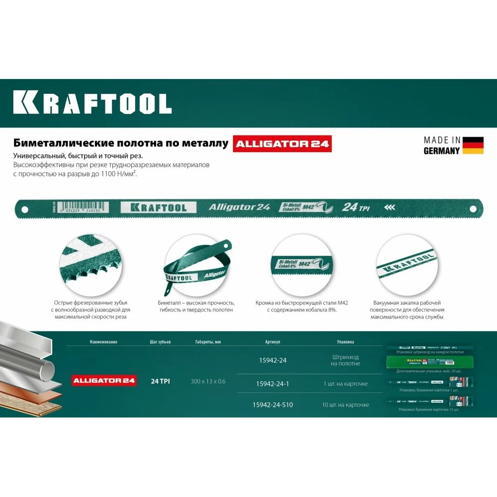 Биметаллическое полотно по металлу KRAFTOOL Alligator-24 300х13х0.6 мм, 24 TPI 15942-24 — фото 1