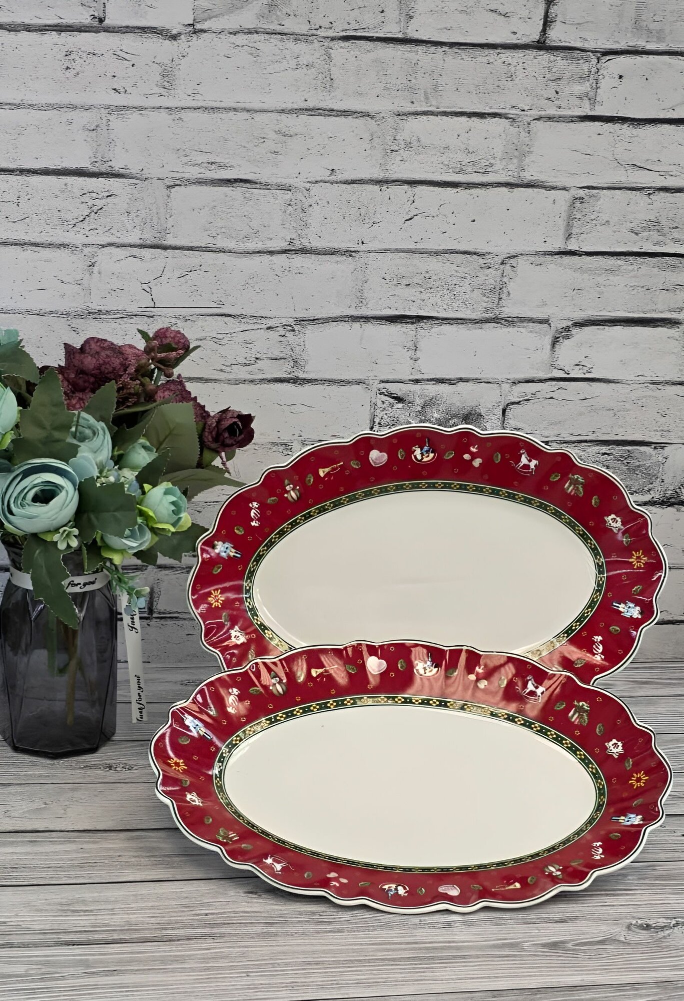 Набор из 2 овальных блюд "Новогодний", 30,5см. Подарочный набор. Фарфор.