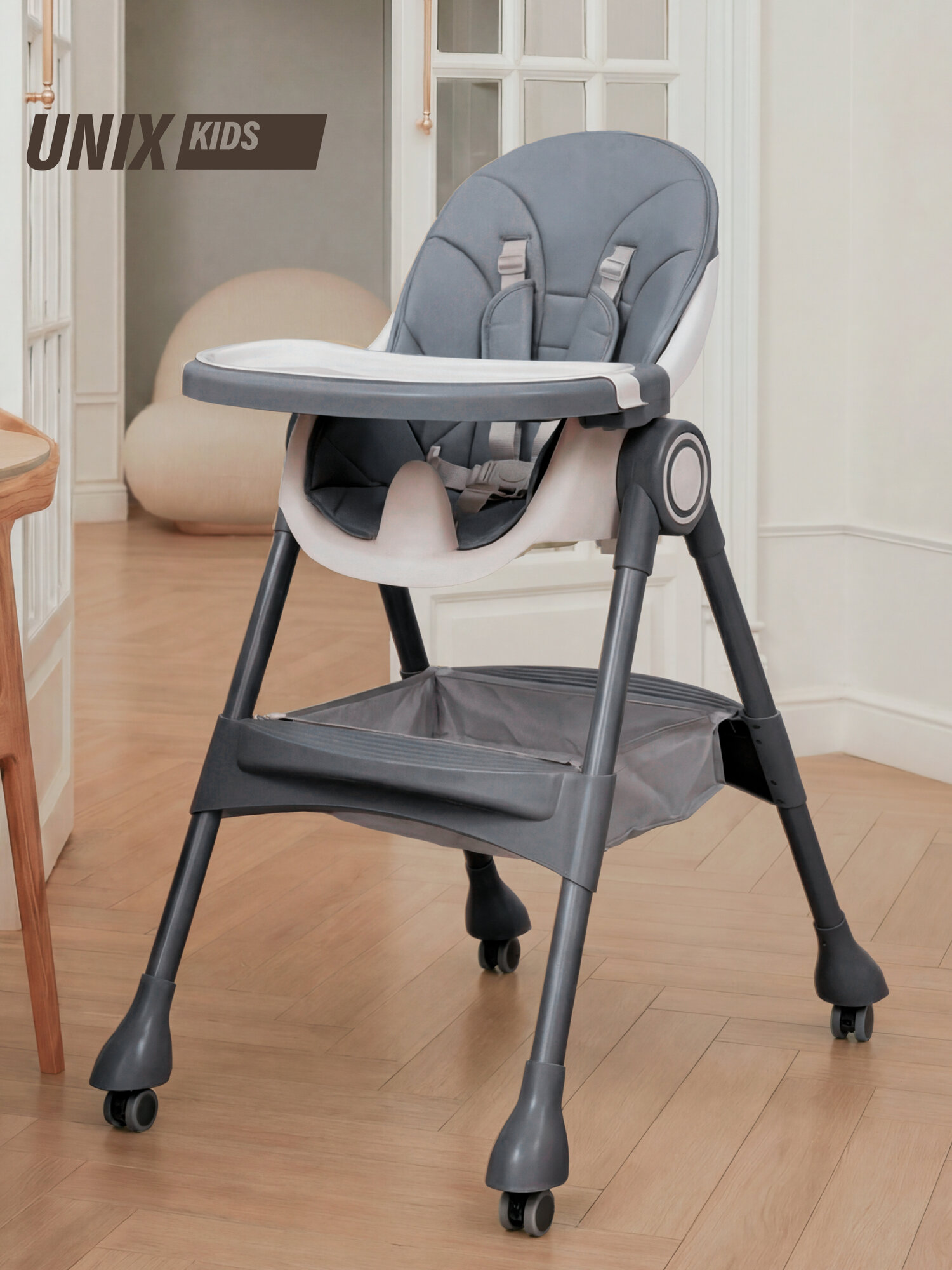 Стульчик для кормления ребенка 3 в 1 UNIX Kids Classic Grey с 6-ти месяцев складной на колесиках