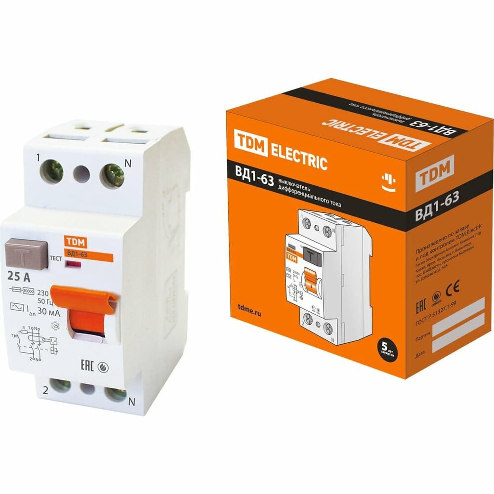 Узо TDM ELECTRIC ВД1-63 2Р, 25 А, 30 мА