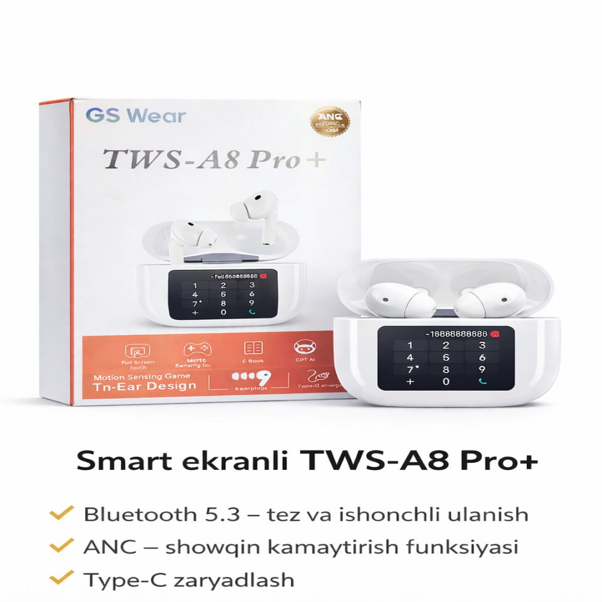 Беспроводные наушники TWS A8 Pro+ с экраном, Bluetooth 5.3, сенсорное управление, ANC