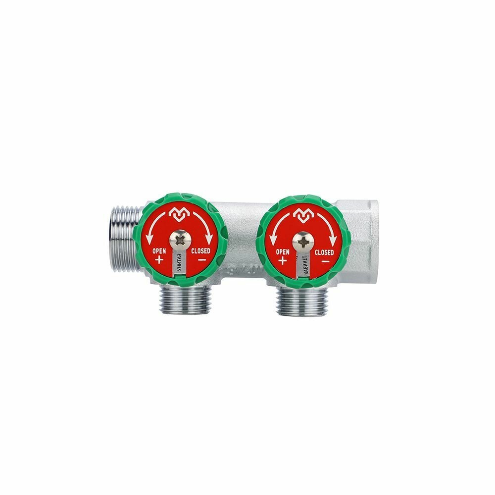 VARMEGA Коллектор с регулировочными клапанами, хромированный 3/4" х 3/4"ЕК - 2 выхода / контура / отвода, VM14612 — фото 1