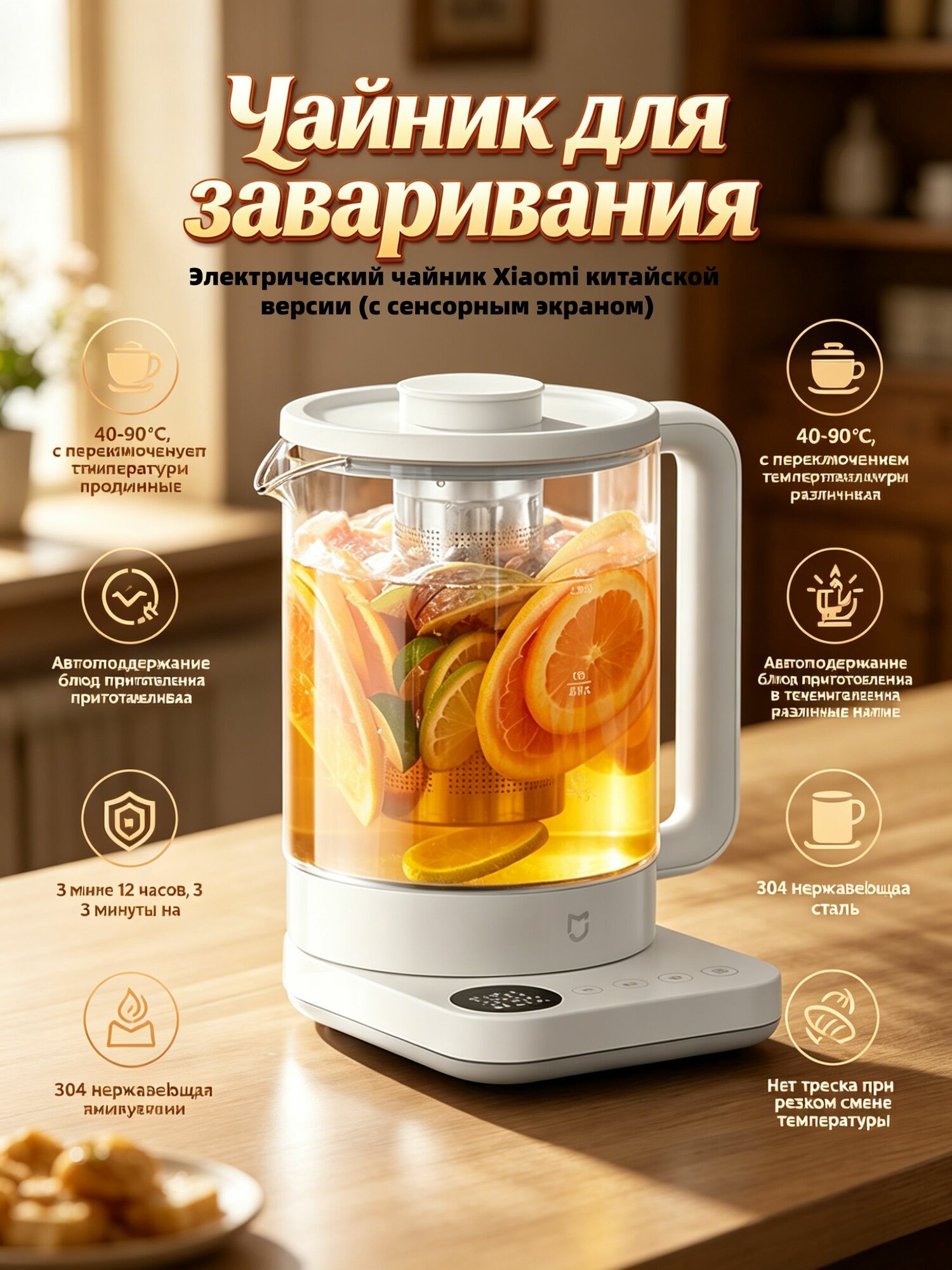 Xiaomi Электрический чайник Китайская версия (сенсорный экран на китайском языке) электрического чайника Xiaomi, белый