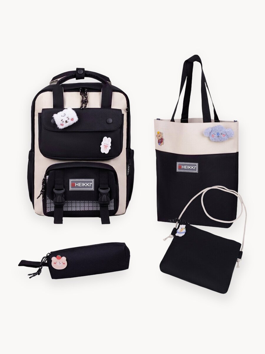 Рюкзак Heikki Combo (хейки), сумка-шоппер, косметичка, пенал В Подарок, бело-черный, 42х30х14 см,272565