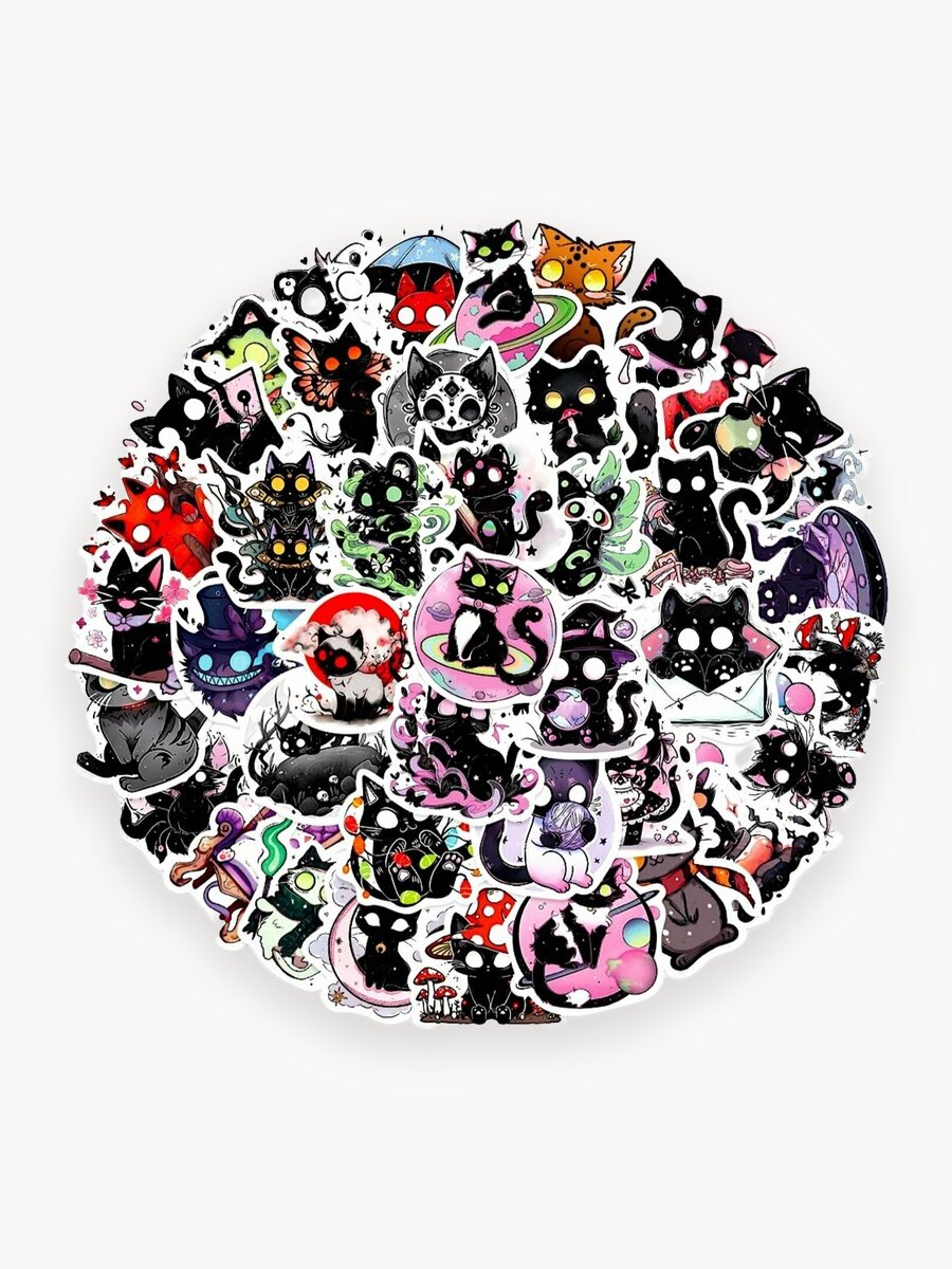 Наклейки котики 50шт. Набор многоразовых наклеек для творчества. Стикеры на телефон, ноутбук, планшет, наушники.