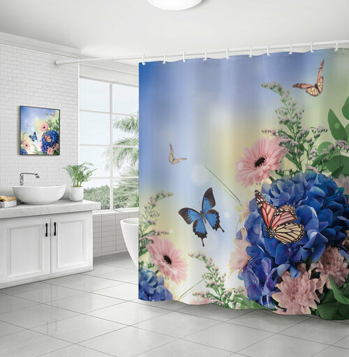 Штора (занавеска) для ванной / душа водоотталкивающая тканевая с кольцами 180 x 180 см Бабочки 9