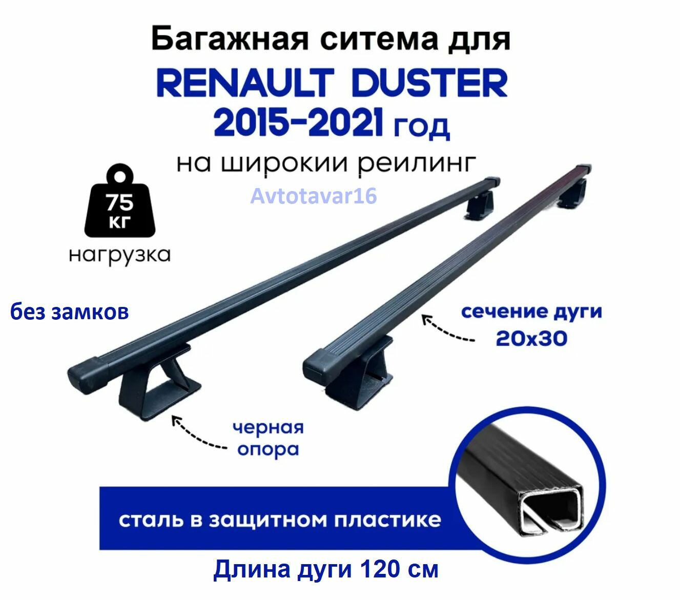 Багажник для Рено Дастер / Renault Duster (с 2015 - 2021 г.) Delta на крышу на штатные рейлинги с просветом 2 - рейки (20х30) 12м черный пластик + стойки окрашенные 4 шт.