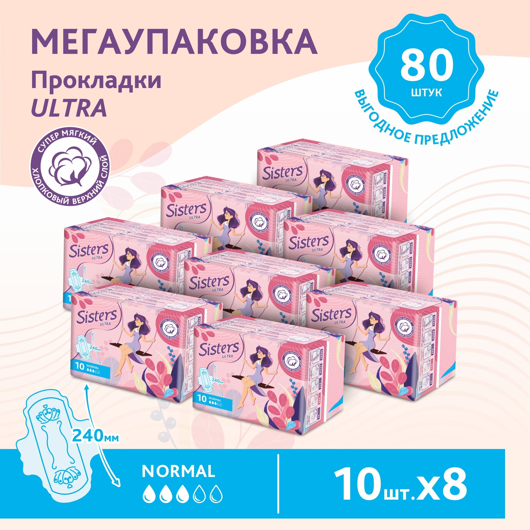 Прокладки женские гигиенические Sisters Ultra Normal мягкая поверхность, 10 х 8шт/ 80 шт