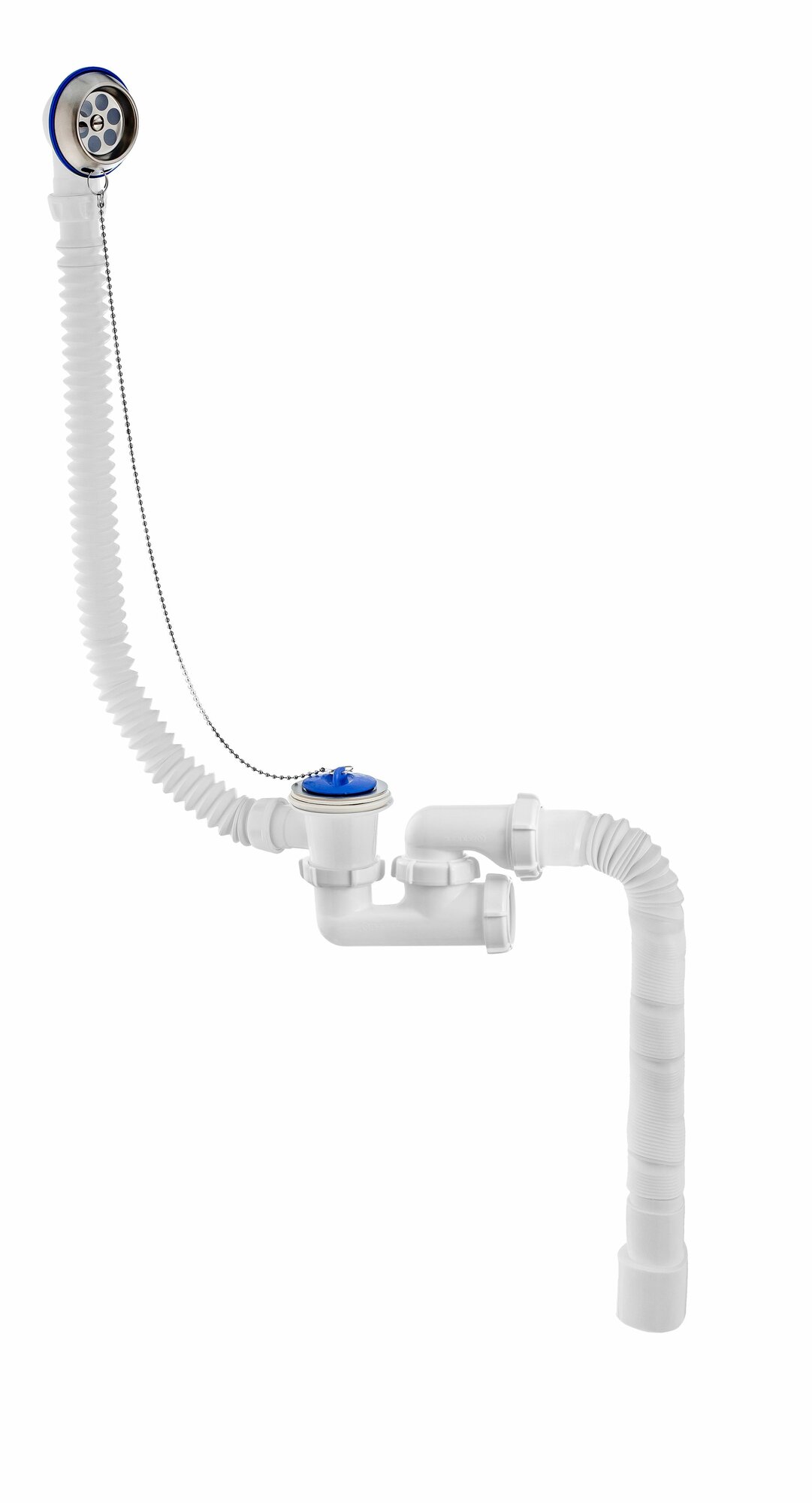 Сифон для ванны регулируемый с нержавеющей чашкой 70 мм BAU Dream, 1 ", D 40 L500 мм и с пробкой на цепочке с гофрированной трубой 40-40/50 L500 мм