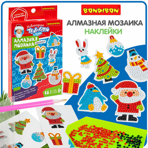 Алмазная мозаика для детей новогодняя наклейки С новым годом Bondibon развивающий набор для творчества и рукоделия Мозаика подарок для девочек и мальчиков 705₽