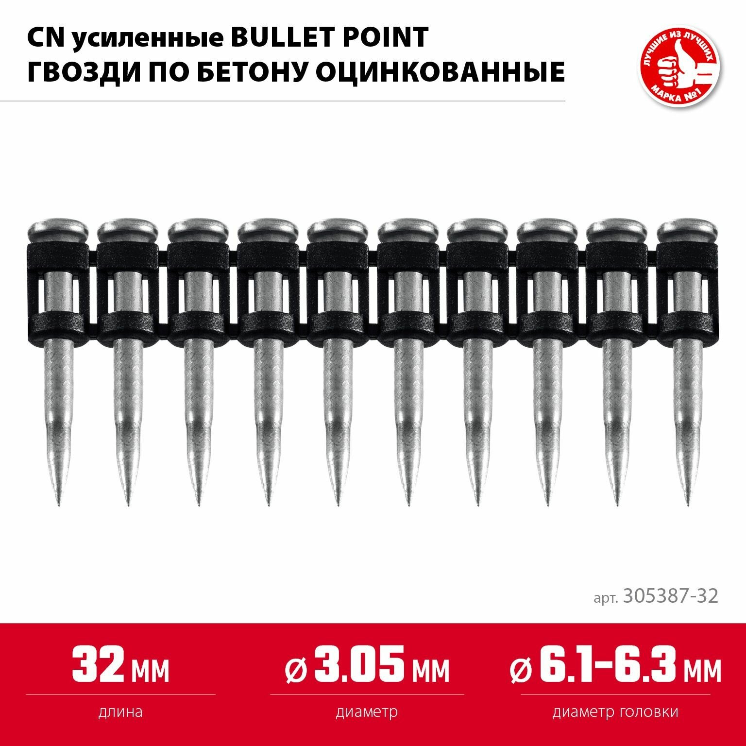 Гвозди по бетону оцинкованные, CN усиленные bullet point 32 х 3.05 мм, ЗУБР, 1000 шт