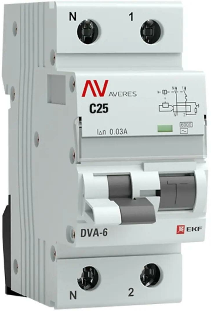 EKF Дифференциальный автомат DVA-6 1P+N 25А 30мА 6кА Averes SQrcbo6-1pn-25C-30-a-av .
