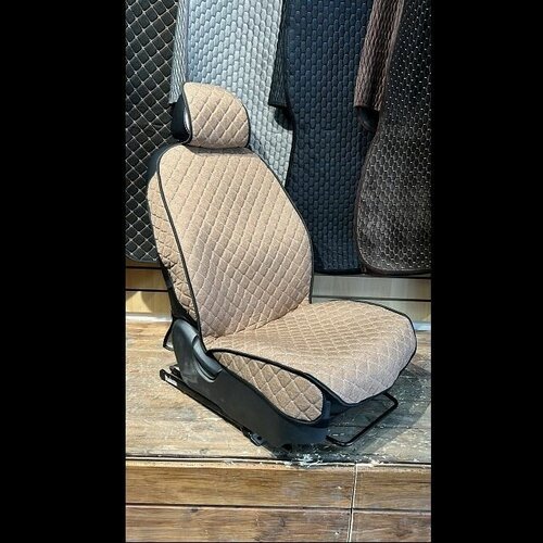 Комплект накидок на передние сиденья LIGHT 2 FRONT, материал лён, закрытые бока, цвет коричневый, строчка белая, кант чёрный