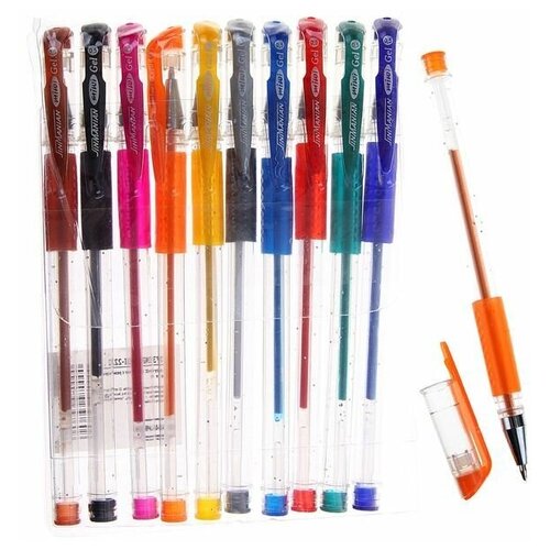 Набор гелевых ручек, 10 цветов, металлик, с блёстками, с резиновым держателем набор ручек гелевых металлик 6 цветов с резиновым держателем