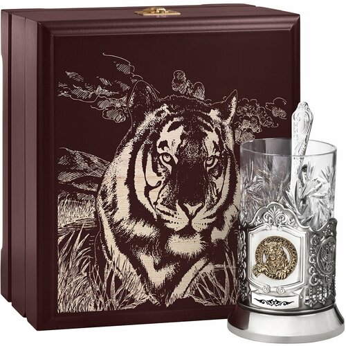 Подстаканник никель с хрустальным стаканом и накладкой Тигр с ложкой, в деревянной шкатулке
