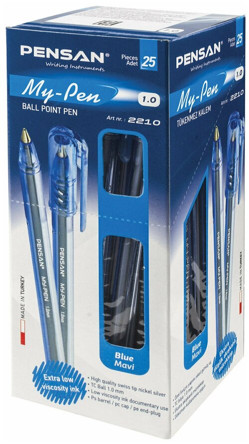 25 шт. в комплекте! Ручка шариковая масляная PENSAN My-Pen, синяя, корпус тонированный синий, узел 1 мм, линия письма 0,5 мм