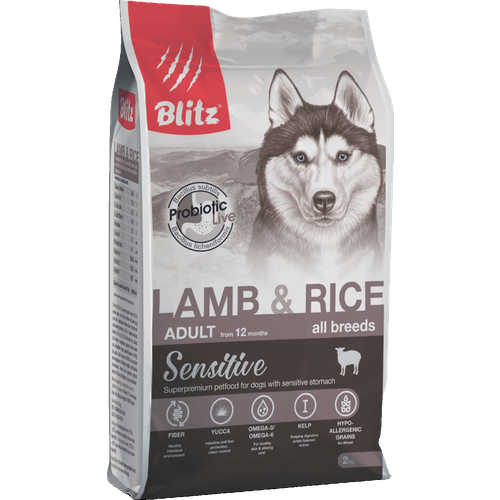 Сухой корм для взрослых собак Blitz (Блиц) Sensitive Lamb & Rice Adult Dog All Breeds ягненок/рис, 2кг
