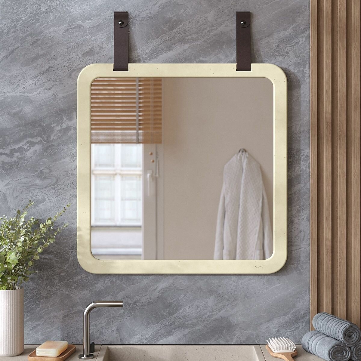 Зеркало для ванной Aura Square M настенное квадратное, на кожаных ремнях 60х60 см, бетон, кремовое глянцевое