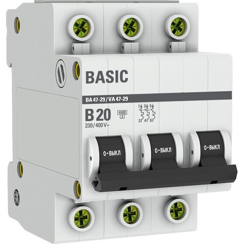 Автоматический выключатель 3P 20А (B) 4,5кА ВА 47-29 Basic | код. mcb4729-3-20-B | EKF (2шт. в упак.) автоматический выключатель 3p 6а b 4 5ка ва 47 29 ekf basic