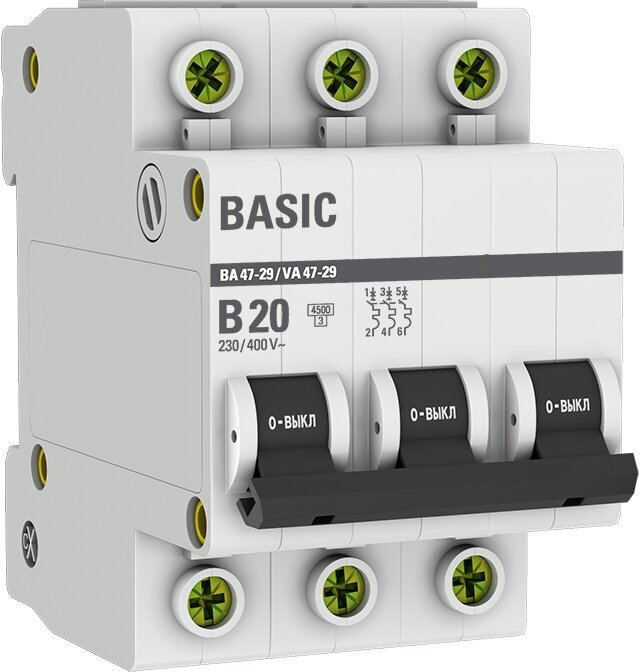Автоматический выключатель 3P 20А (B) 4,5кА ВА 47-29 Basic | код. mcb4729-3-20-B | EKF (10шт. в упак.)