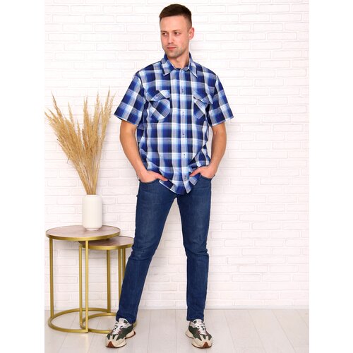 фото Мужская рубашка шотландка с коротким рукавом голубая размер 54 ивноски