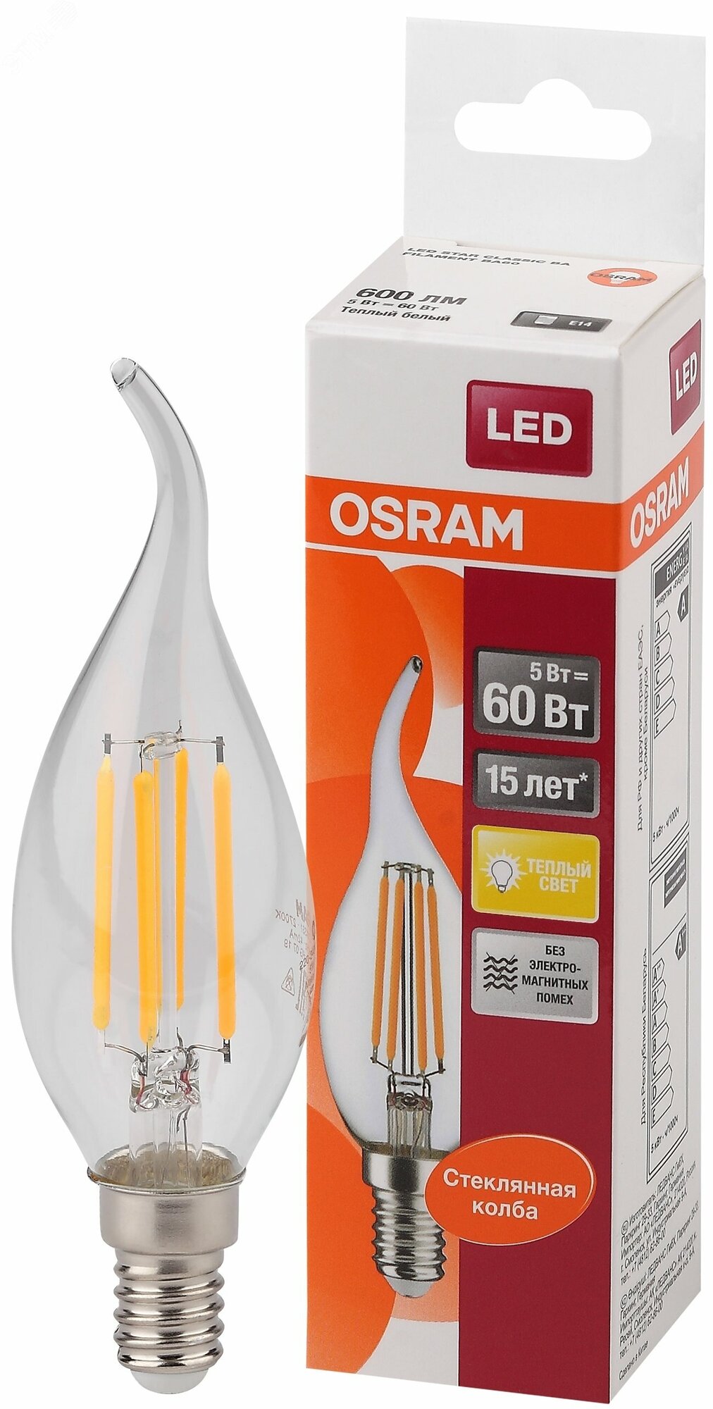 Лампа светодиодная LED 5Вт E14 CLB60 тепло-бел, Filament прозр.свеча на ветру OSRAM