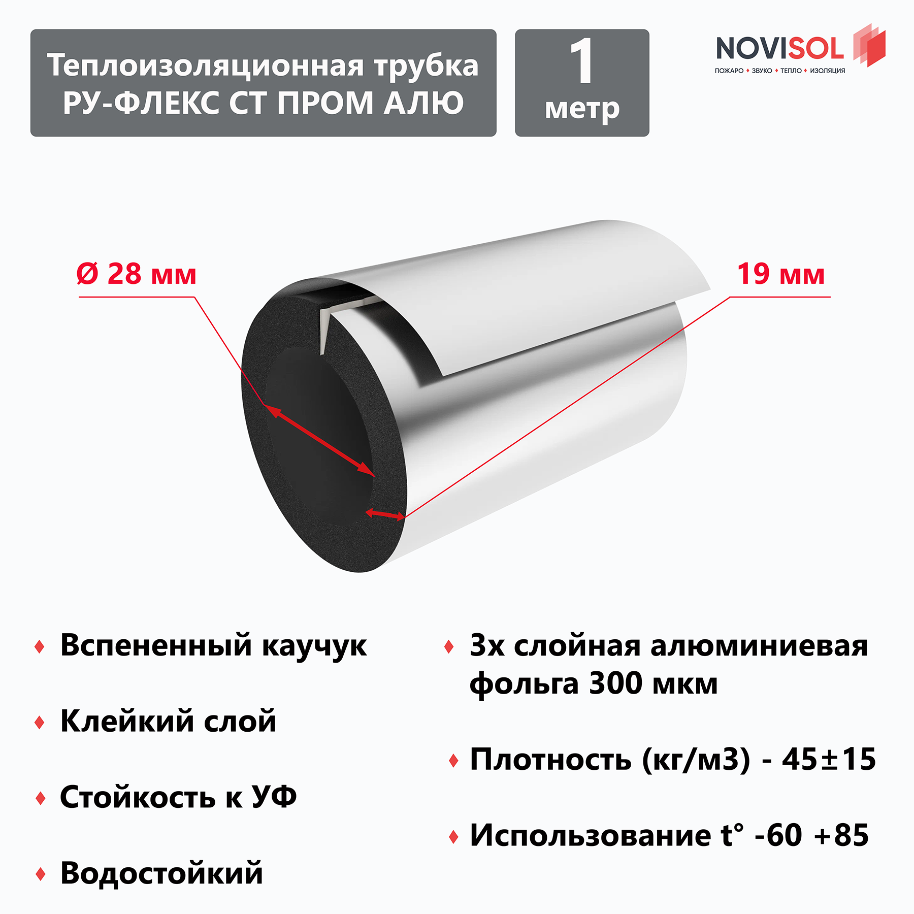 Теплоизоляционная трубка ру-флекс СТ пром АЛЮ 19х28 мм 1 м, вспененный каучук, фольга - фотография № 1