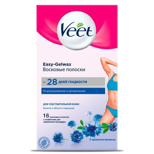 Veet Восковые полоски Easy Gelwax с миндальным маслом и ароматом василька для чувствительной кожи бикини и области подмышек 16 шт.