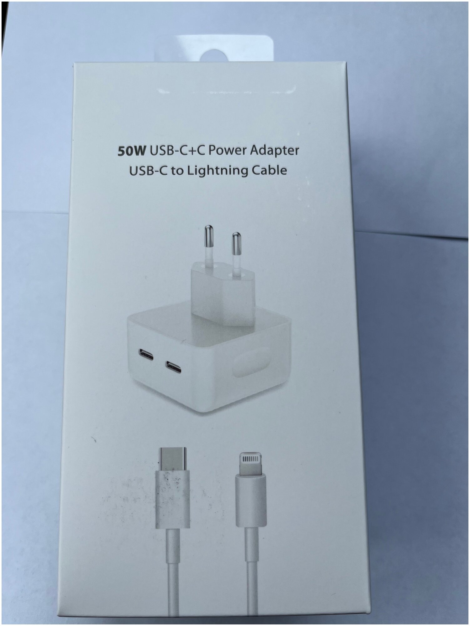 Комплект 2 в 1: быстрое сетевое зарядное устройство 50 Вт на 2 разъема USB-C + кабель USB-C - Lightning (1 метр) для iPhone и iPad