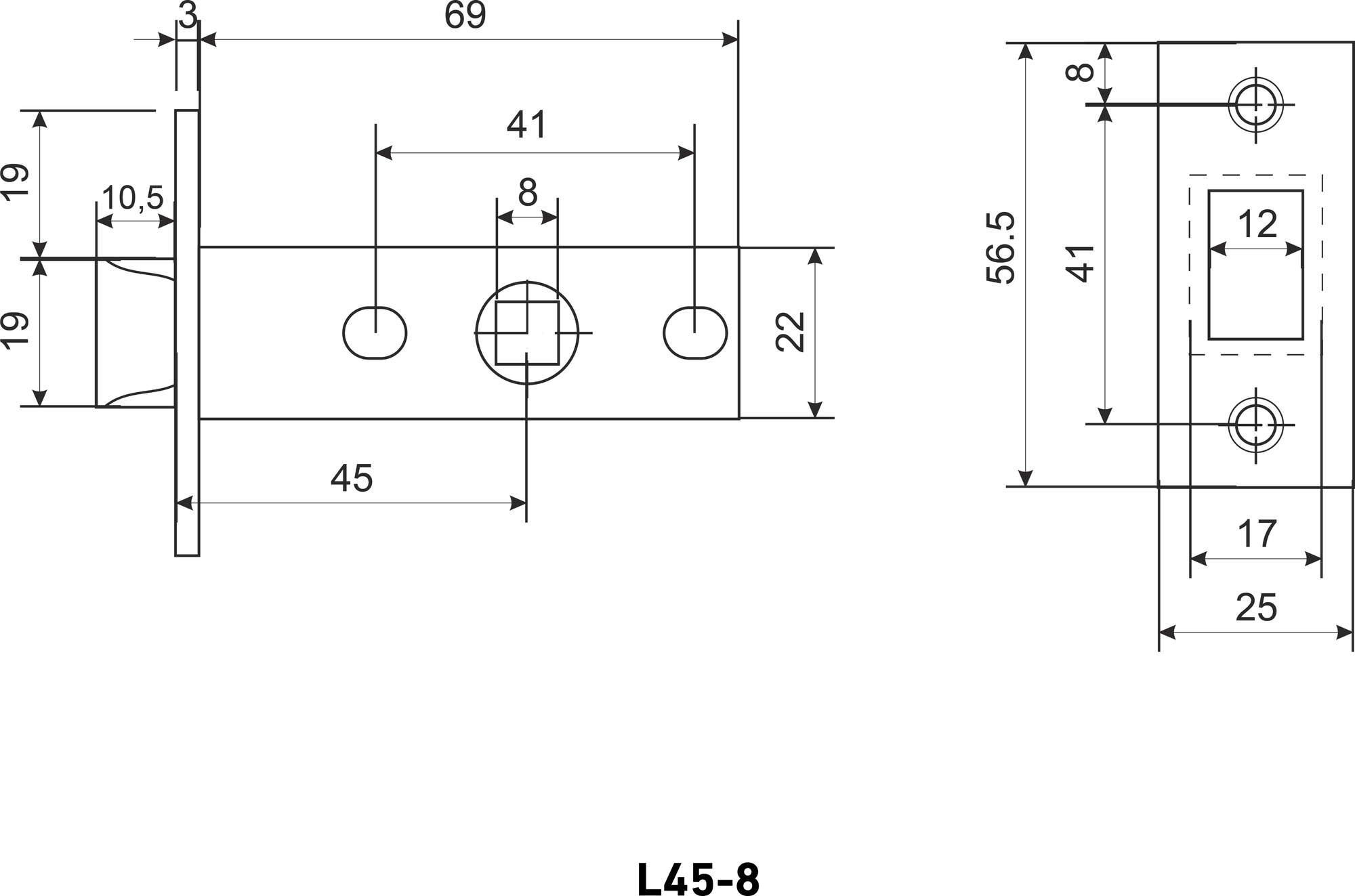 Защелка дверная межкомнатная аллюр АРТ L45-8 MBN графит , торцевая планка 25 мм