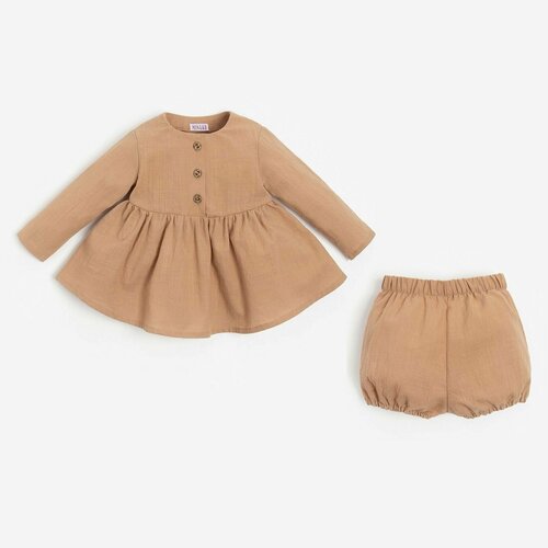 фото Комплект одежды minaku для девочек, туника и шорты, повседневный стиль, пояс на резинке, размер 68-74, бежевый