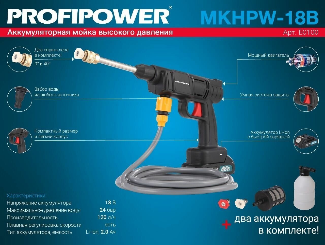 Мойка аккумуляторная Profipower 18V (2 Акб Li-ion 2Ач,фильтр,шланг,в коробке) - фотография № 1