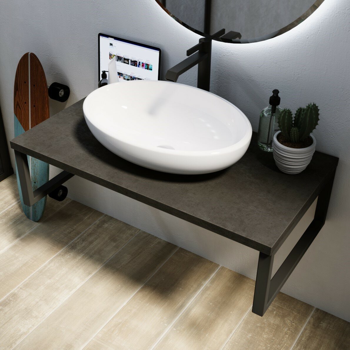 Столешница в ванную под раковину 1Marka GRUNGE LOFT 100 см Подвесная цвет Бетон темно-серый