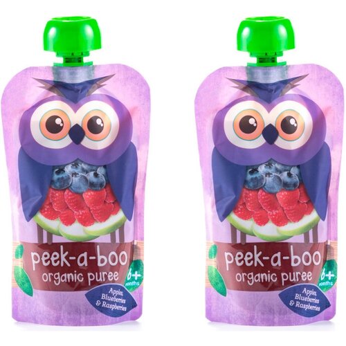 интерактивная игрушка cocomelon peek a boo малыш jj Пюре фруктовое Peek-a-boo органическое из яблок малины и черники с 6 месяцев 113 гр, 2 шт.