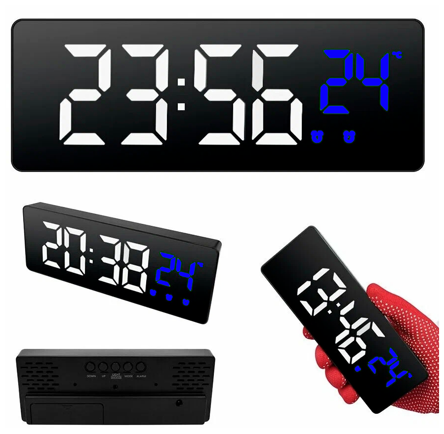 Часы электронные цифровые настольные с будильником, термометром и календарем (Космос X0715) белая / Синяя подсветка (черный корпуc)