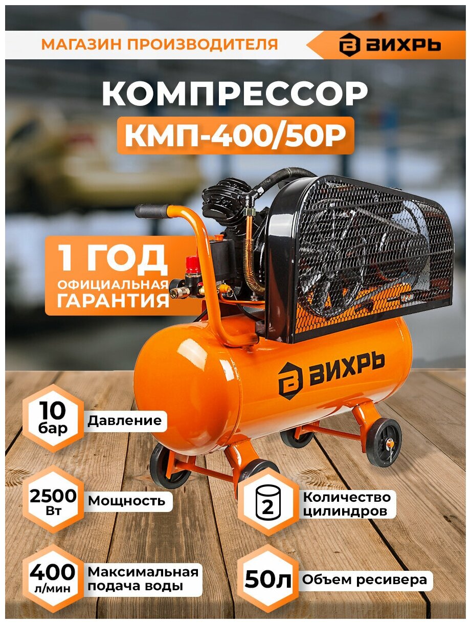Компрессор масляный ВИХРЬ КМП-400/50Р 50 л 25 кВт