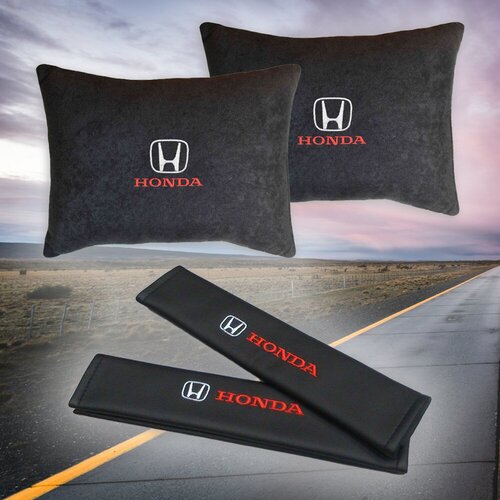 Подарочный набор автомобилиста из черного велюра для Honda (хонда) (две автомобильные подушки и накладки на ремень безопасности)