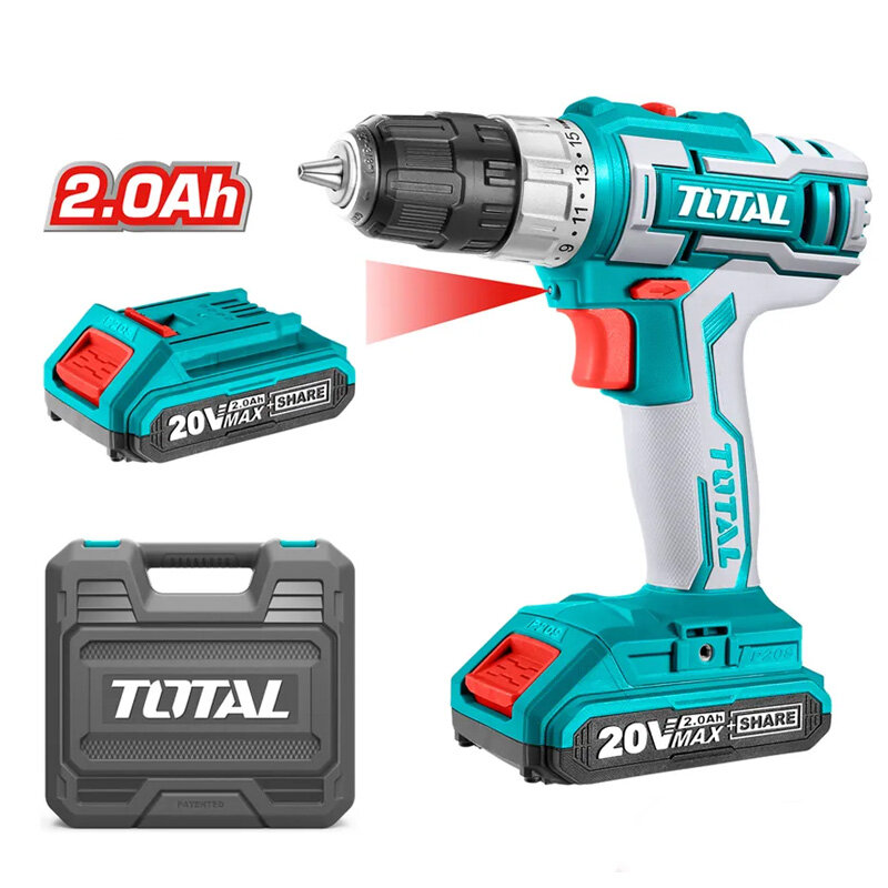 Дрель-шуруповёрт TOTAL TDLI200215, 2 скорости, на 2 аккумулятора, кейс — фото 1