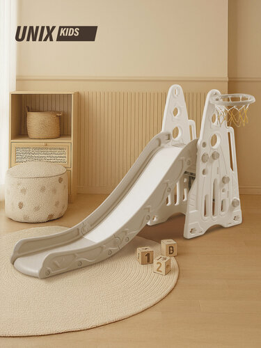 Изображение товара Горка детская для катания со спуском 145 см UNIX Kids Rocket /Ракета из пластика, для улицы, дачи и дома, для пластиковых манежей, спортивный комплекс с баскетбольным кольцом, мячом, серый