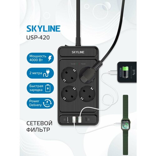 Сетевой фильтр SKYLINE USP-420, 4 розетки, 3 USB + 1 type-C, power delivery, кабель 2 метра, 4000 Вт, 16А, черный
