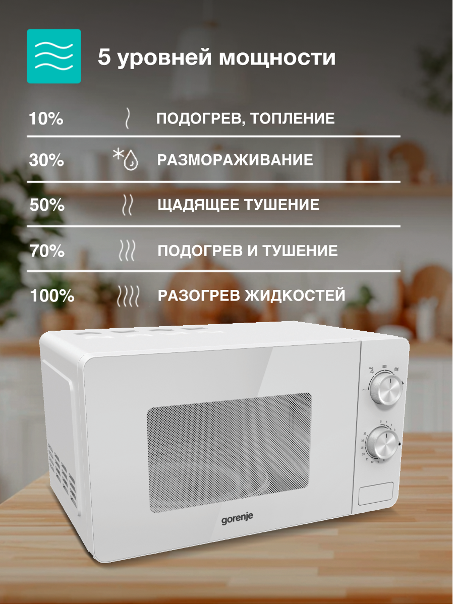 Микроволновая печь Gorenje MO20E1W2 белый, мощность 800Вт, объем 20л, покрытие камеры эмаль, механическое управление — фото 1
