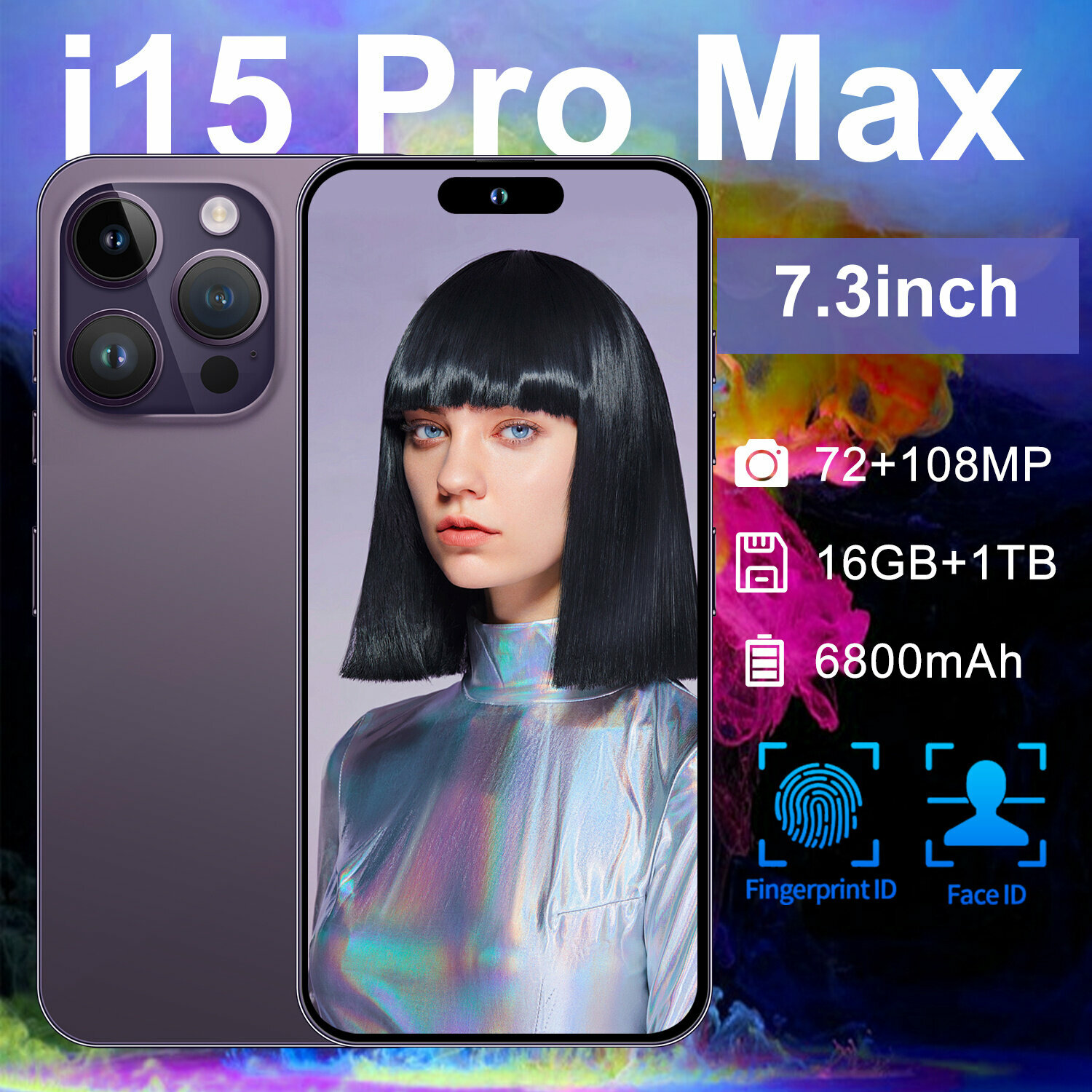 Смартфон i15 Pro Max, 7,3 дюйма, 16 гб, 1 Тб, камера 72 МП+108 Мп, Сеть 5G, фиолетовый