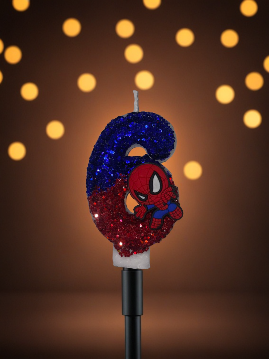 Свеча "Человек-Паук" для торта, дизайнерская, глитерная, с фигуркой, 1шт цифра 6