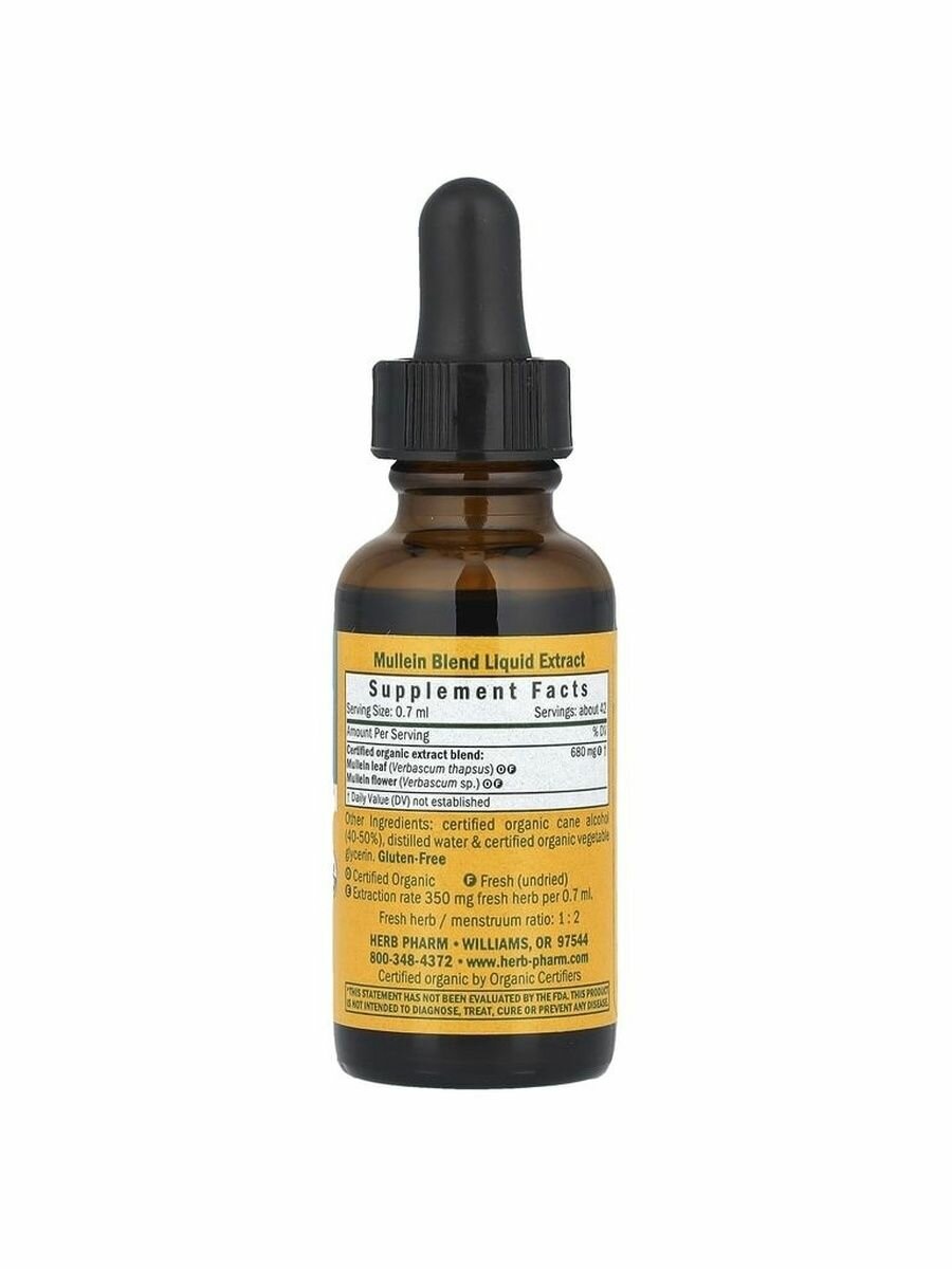 Картинки Herb Pharm, Mullein Blend, органический экстракт коровяка для поддержки дыхательной системы, 30 мл