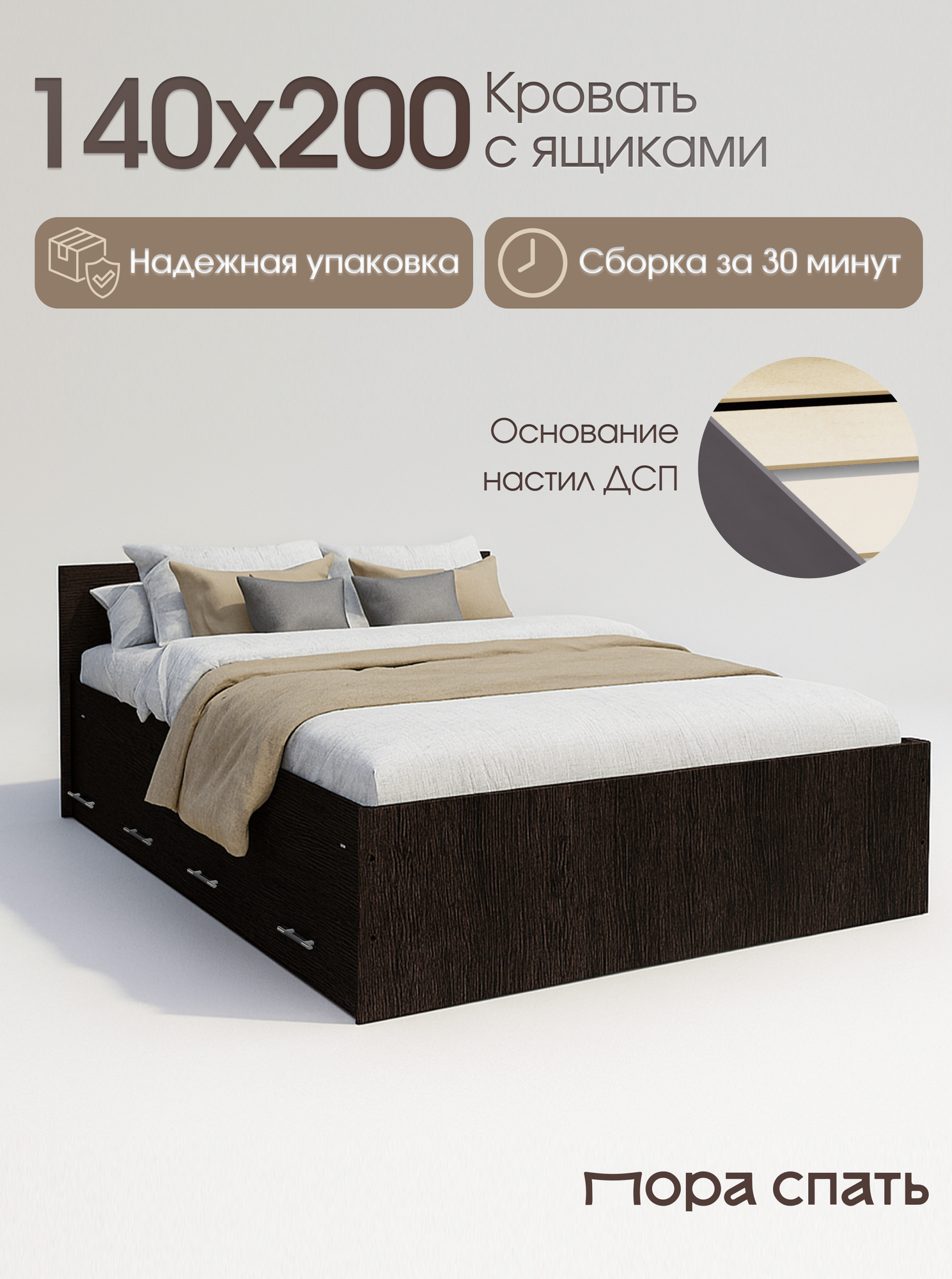 Кровать двуспальная Пора Спать Амелина с ящиками и основанием ДСП Венге спальное место: 200х140 см габариты: 204х149