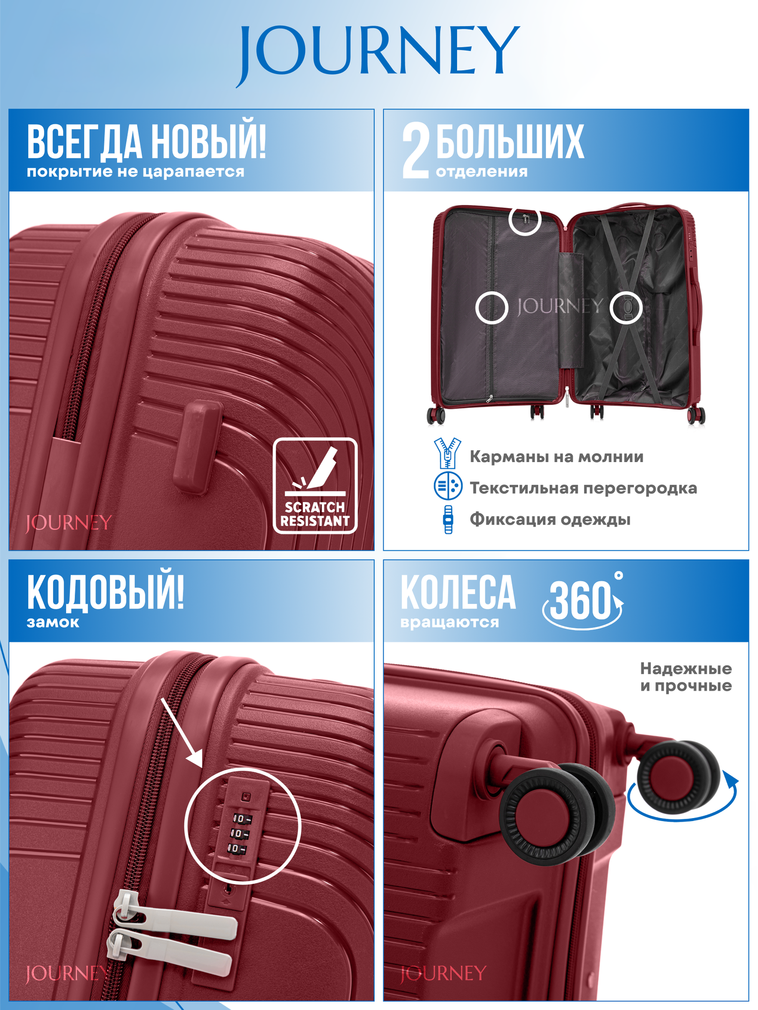 Чемодан Journey, 68 л, размер M, красный — фото 1