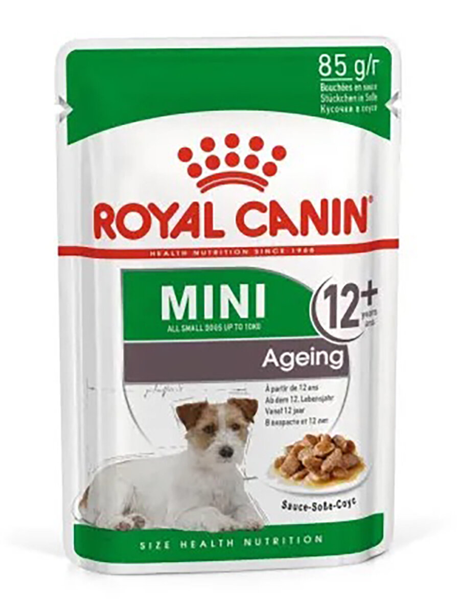 Картинки Royal Canin Mini Ageing 12+ влажный корм для пожилых собак мелких пород, кусочки в соусе (28шт в уп) 85 гр