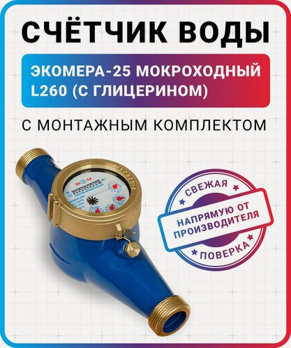 Изображение товара Счетчик для воды холодной мокроходный (с глицерином) экомера ду25 L-260 с монтажным комплектом