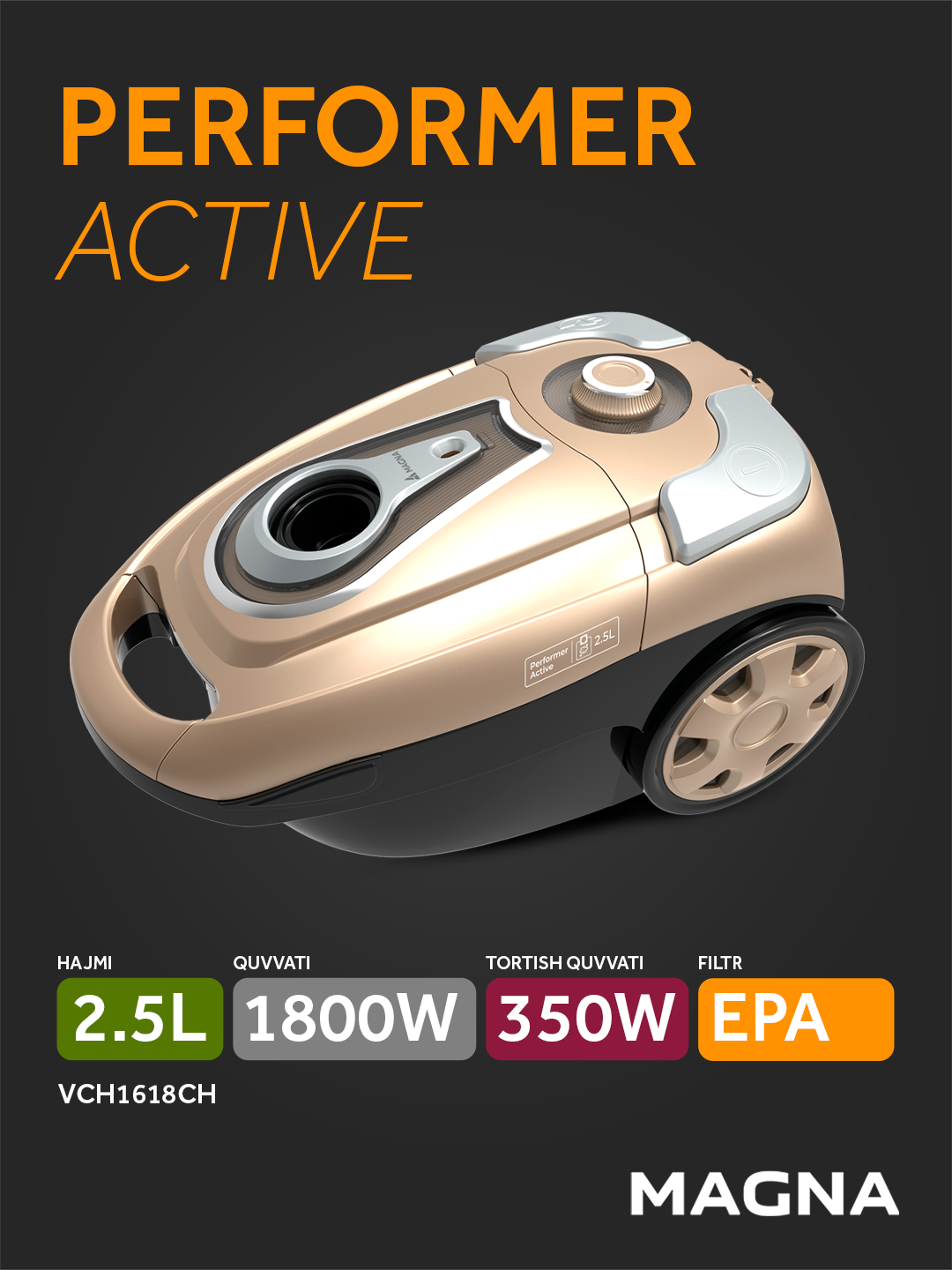 Пылесос Magna VCH1618CH — мощность 1800 Вт, объем пылесборника 2,5 л